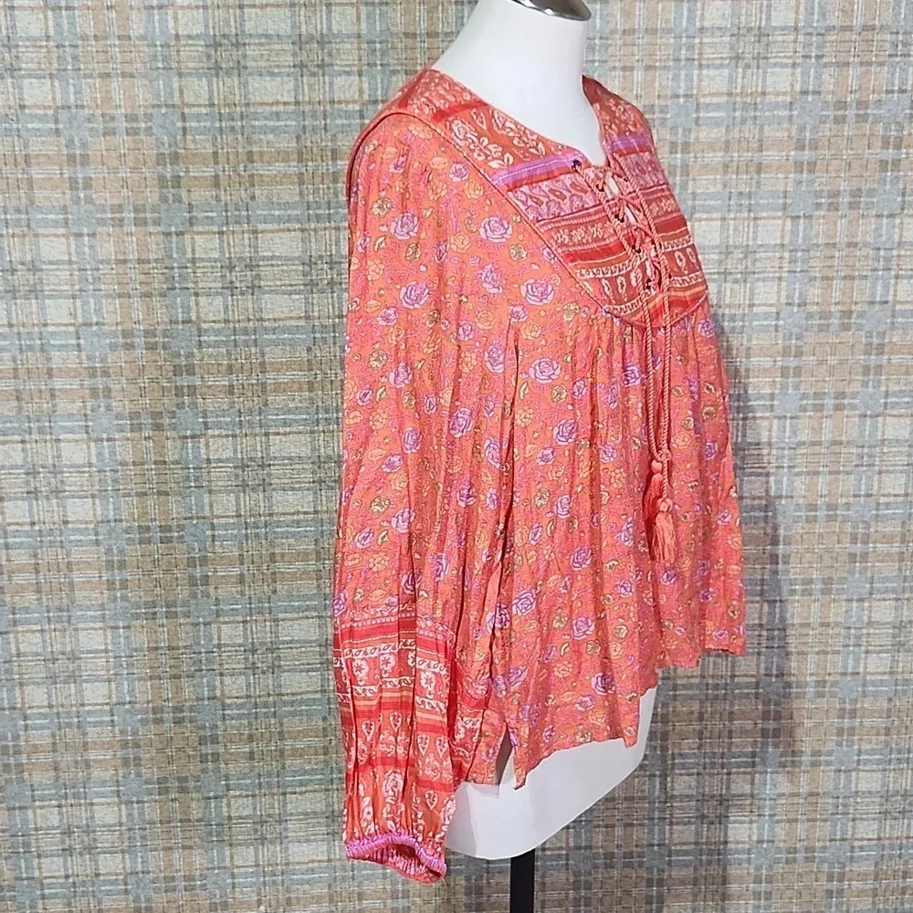Lucky Brand Boho Peasant Top Orange Floral Embroidered Lace-Up Tassel Blouse